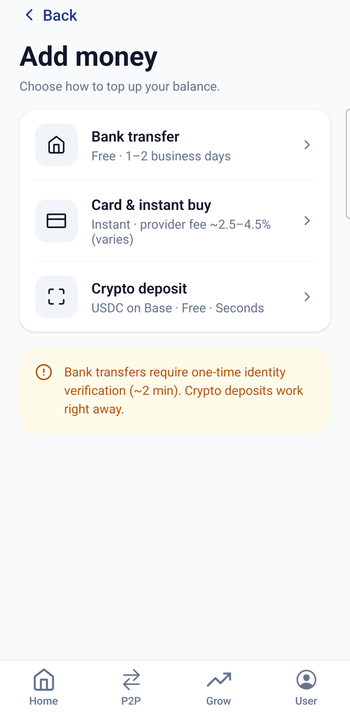 hho.cash add-money screen: three funding options — Bank transfer marked Free, Card and instant buy with a provider fee of roughly 2.5 to 4.5 percent, and Crypto deposit marked Free — with an honest fee note.