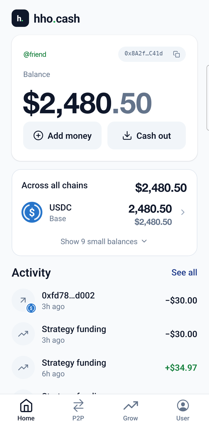 hho.cash home screen: the @friend account showing a balance of $2,480.50 in USDC, Add money and Cash out buttons, an 'Across all chains' holdings card, and a recent activity list.